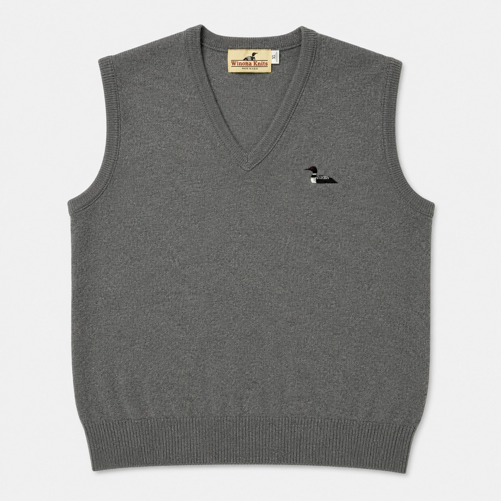 Vintage Winona Knits Mens XL Gray Loon Sweater Vest V Neck Made in USA